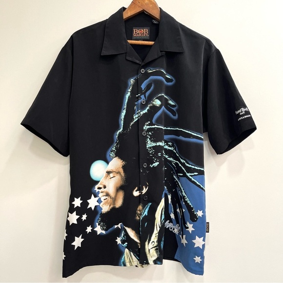 Vintage Bob Marley Dragonfly Hard Rock Cafe Myrtle Beach Button Up Shirt Mens L - Picture 1 of 9